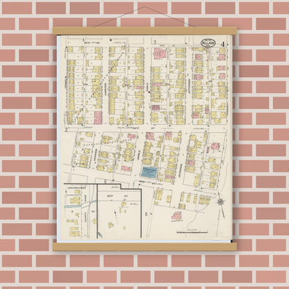 Old map wall art mockup — magnetic wood frame on brick wall — Sanborn Fire Insurance Map from Bellaire, Belmont County, Ohio (1915), Sheet #0004