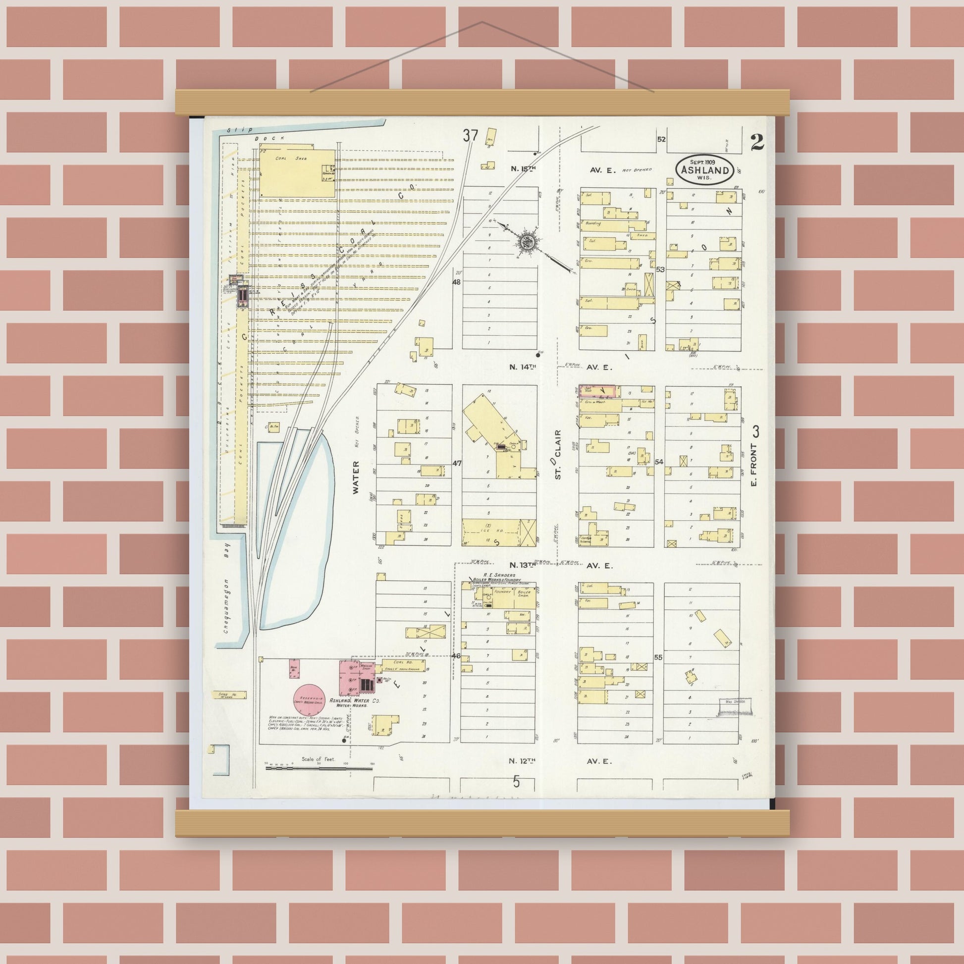Old map wall art mockup — magnetic wood frame on brick wall — Sanborn Fire Insurance Map from Ashland, Ashland County, Wisconsin (1909), Sheet #0002