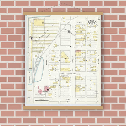 Old map wall art mockup — magnetic wood frame on brick wall — Sanborn Fire Insurance Map from Ashland, Ashland County, Wisconsin (1909), Sheet #0002