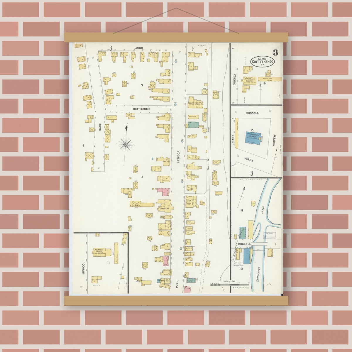 Old map wall art mockup — magnetic wood frame on brick wall — Sanborn Fire Insurance Map from Chittenango, Madison County, New York (1906), Sheet #0003