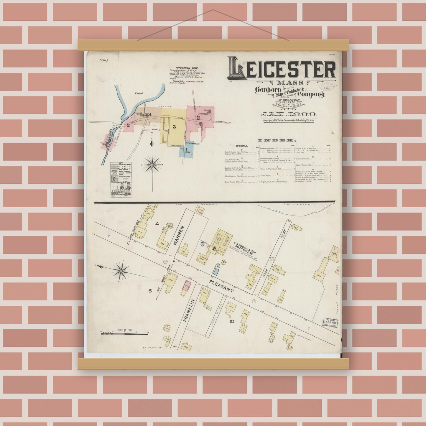 Old map wall art mockup — magnetic wood frame on brick wall — Sanborn Fire Insurance Map from Leicester, Worcester County, Massachusetts (1888), Sheet #0001