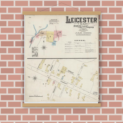 Old map wall art mockup — magnetic wood frame on brick wall — Sanborn Fire Insurance Map from Leicester, Worcester County, Massachusetts (1888), Sheet #0001