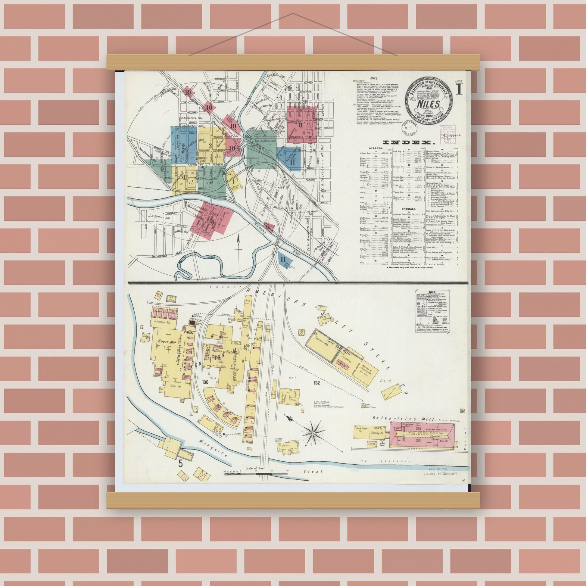 Old map wall art mockup — magnetic wood frame on brick wall — Sanborn Fire Insurance Map from Niles, Trumbull County, Ohio (1902) - Complete Map Set