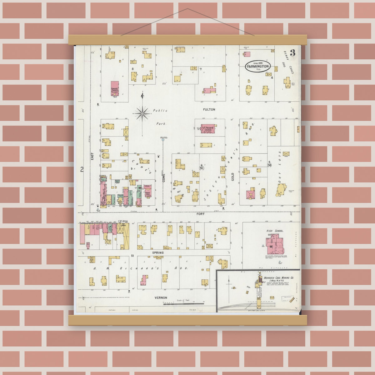 Old map wall art mockup — magnetic wood frame on brick wall — Sanborn Fire Insurance Map from Farmington, Fulton County, Illinois (1899), Sheet #0003