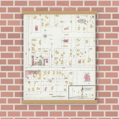 Old map wall art mockup — magnetic wood frame on brick wall — Sanborn Fire Insurance Map from Farmington, Fulton County, Illinois (1899), Sheet #0003