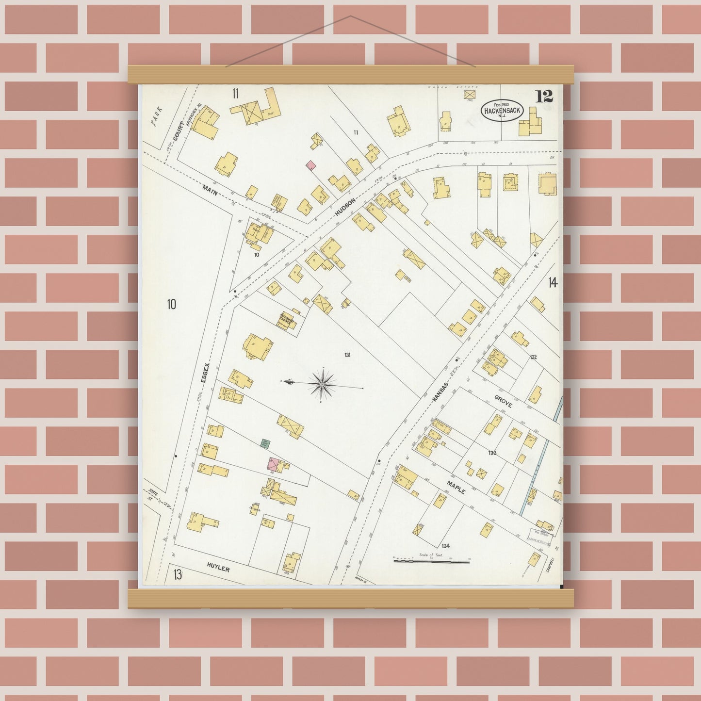 Old map wall art mockup — magnetic wood frame on brick wall — Sanborn Fire Insurance Map from Hackensack, Bergen County, New Jersey (1902), Sheet #0012