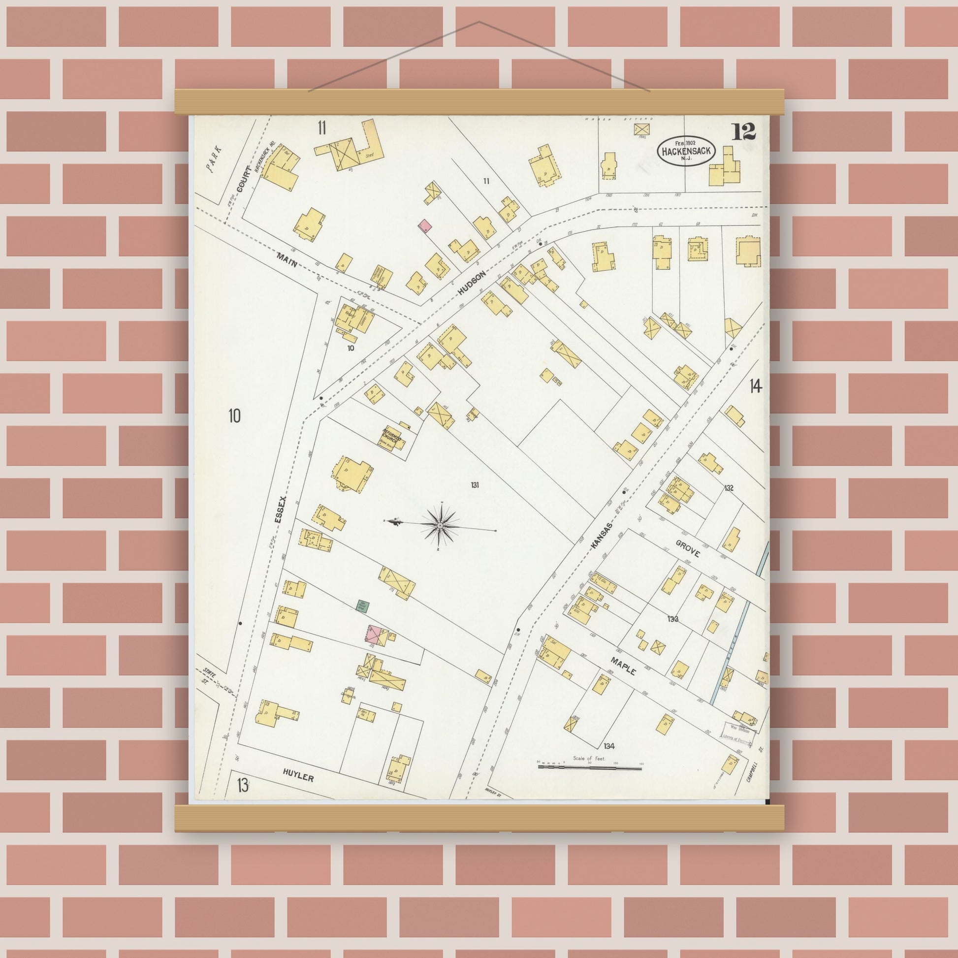 Old map wall art mockup — magnetic wood frame on brick wall — Sanborn Fire Insurance Map from Hackensack, Bergen County, New Jersey (1902), Sheet #0012