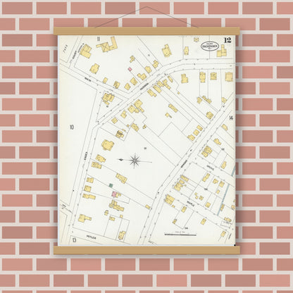 Old map wall art mockup — magnetic wood frame on brick wall — Sanborn Fire Insurance Map from Hackensack, Bergen County, New Jersey (1902), Sheet #0012