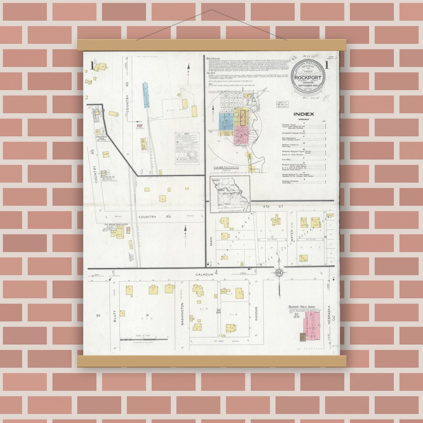 Old map wall art mockup — magnetic wood frame on brick wall — Sanborn Fire Insurance Map from Rockport, Atchison County, Missouri (1928) - Complete Map Set