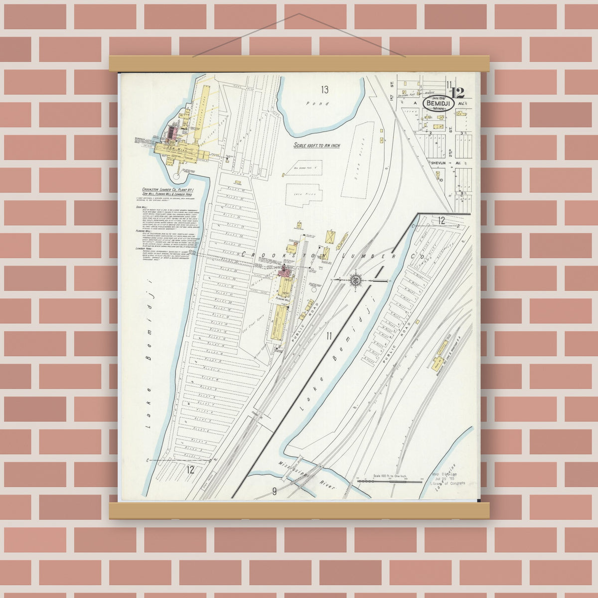 Old map wall art mockup — magnetic wood frame on brick wall — Sanborn Fire Insurance Map from Bemidji, Beltrami County, Minnesota (1916), Sheet #0012