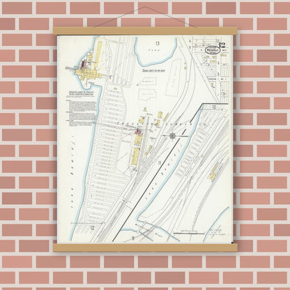 Old map wall art mockup — magnetic wood frame on brick wall — Sanborn Fire Insurance Map from Bemidji, Beltrami County, Minnesota (1916), Sheet #0012