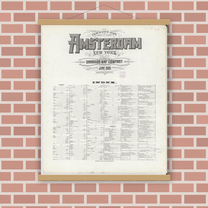 Old map wall art mockup — magnetic wood frame on brick wall — Sanborn Fire Insurance Map from Amsterdam, Montgomery County, New York (1906), Sheet #0001