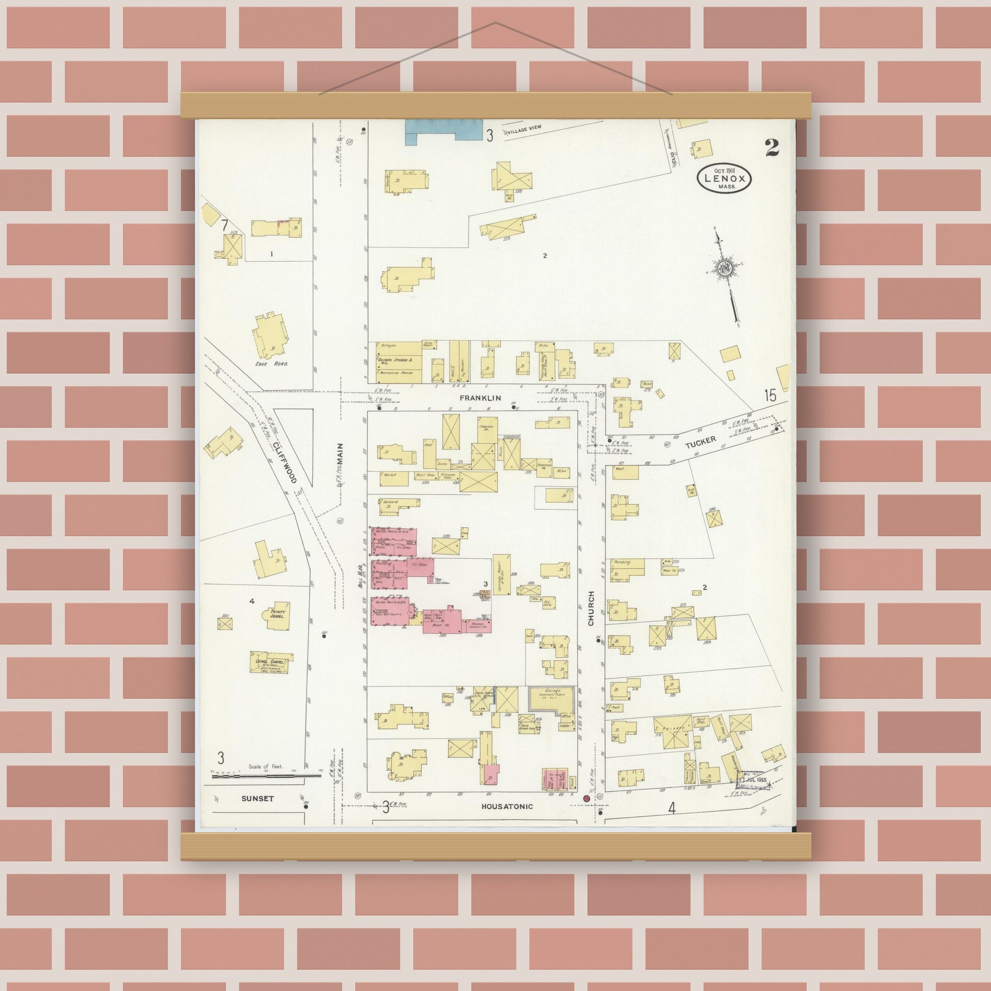 Old map wall art mockup — magnetic wood frame on brick wall — Sanborn Fire Insurance Map from Lenox, Berkshire County, Massachusetts (1911), Sheet #0002