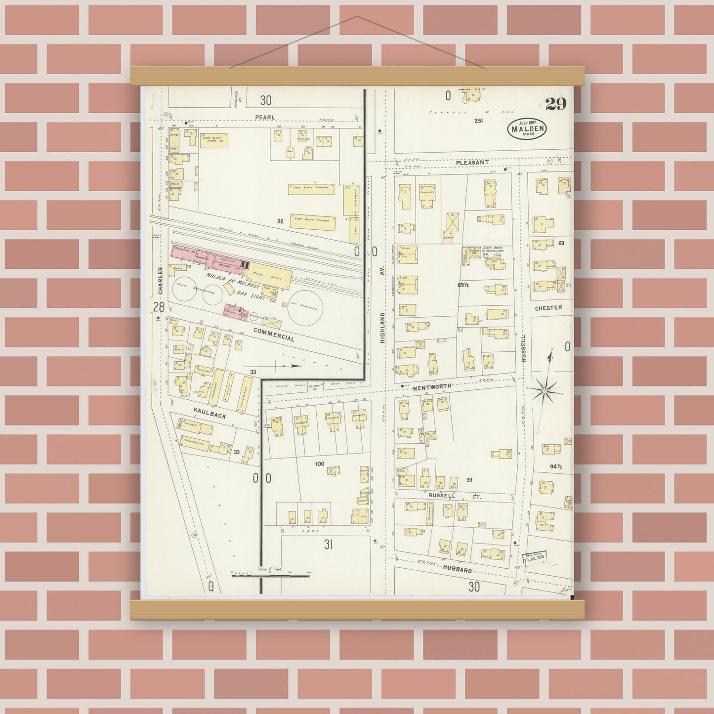 Old map wall art mockup — magnetic wood frame on brick wall — Sanborn Fire Insurance Map from Malden, Middlesex County, Massachusetts (1897), Sheet #0029