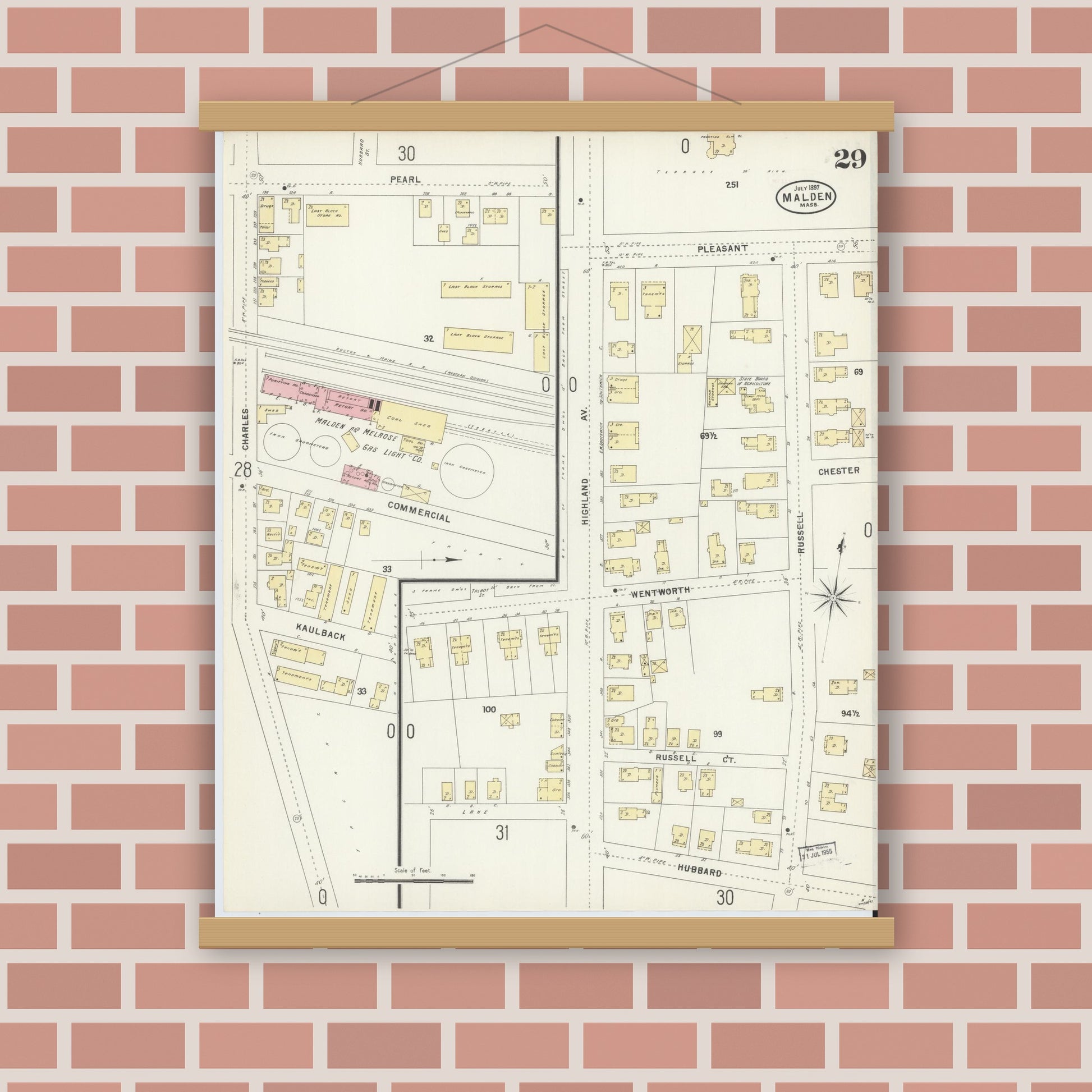 Old map wall art mockup — magnetic wood frame on brick wall — Sanborn Fire Insurance Map from Malden, Middlesex County, Massachusetts (1897), Sheet #0029