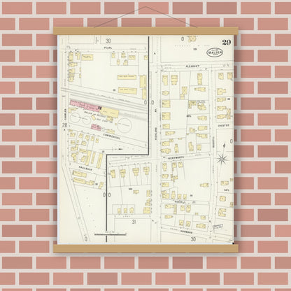 Old map wall art mockup — magnetic wood frame on brick wall — Sanborn Fire Insurance Map from Malden, Middlesex County, Massachusetts (1897), Sheet #0029