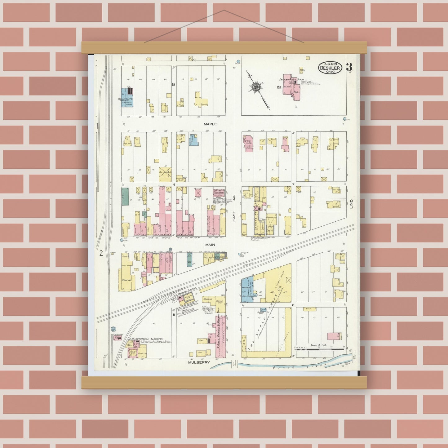 Old map wall art mockup — magnetic wood frame on brick wall — Sanborn Fire Insurance Map from Deshler, Henry County, Ohio (1909), Sheet #0003