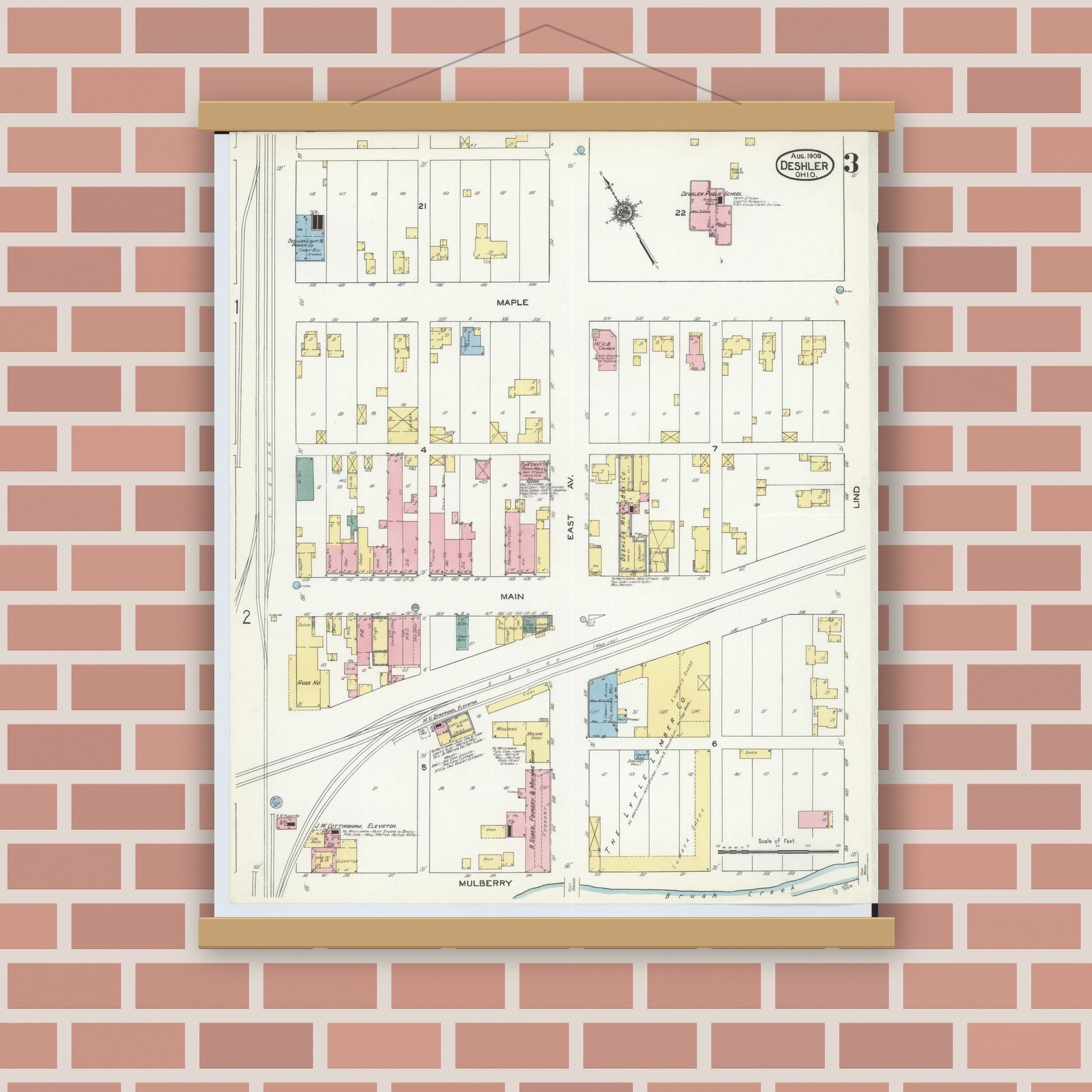 Old map wall art mockup — magnetic wood frame on brick wall — Sanborn Fire Insurance Map from Deshler, Henry County, Ohio (1909), Sheet #0003