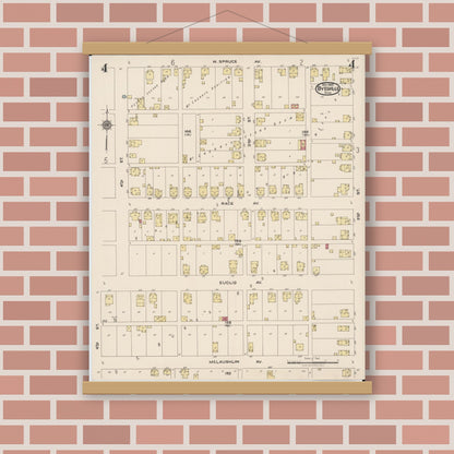 Old map wall art mockup — magnetic wood frame on brick wall — Sanborn Fire Insurance Map from Byesville, Guernsey County, Ohio (1922), Sheet #0004