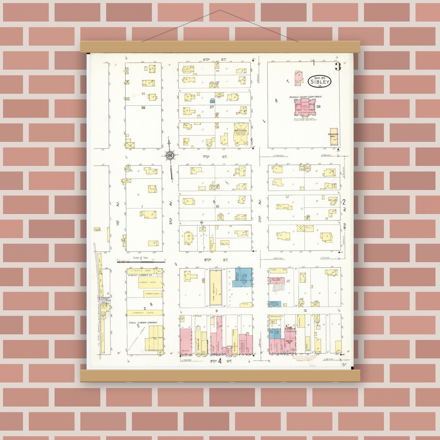 Old map wall art mockup — magnetic wood frame on brick wall — Sanborn Fire Insurance Map from Sibley, Osceola County, Iowa (1913), Sheet #0003