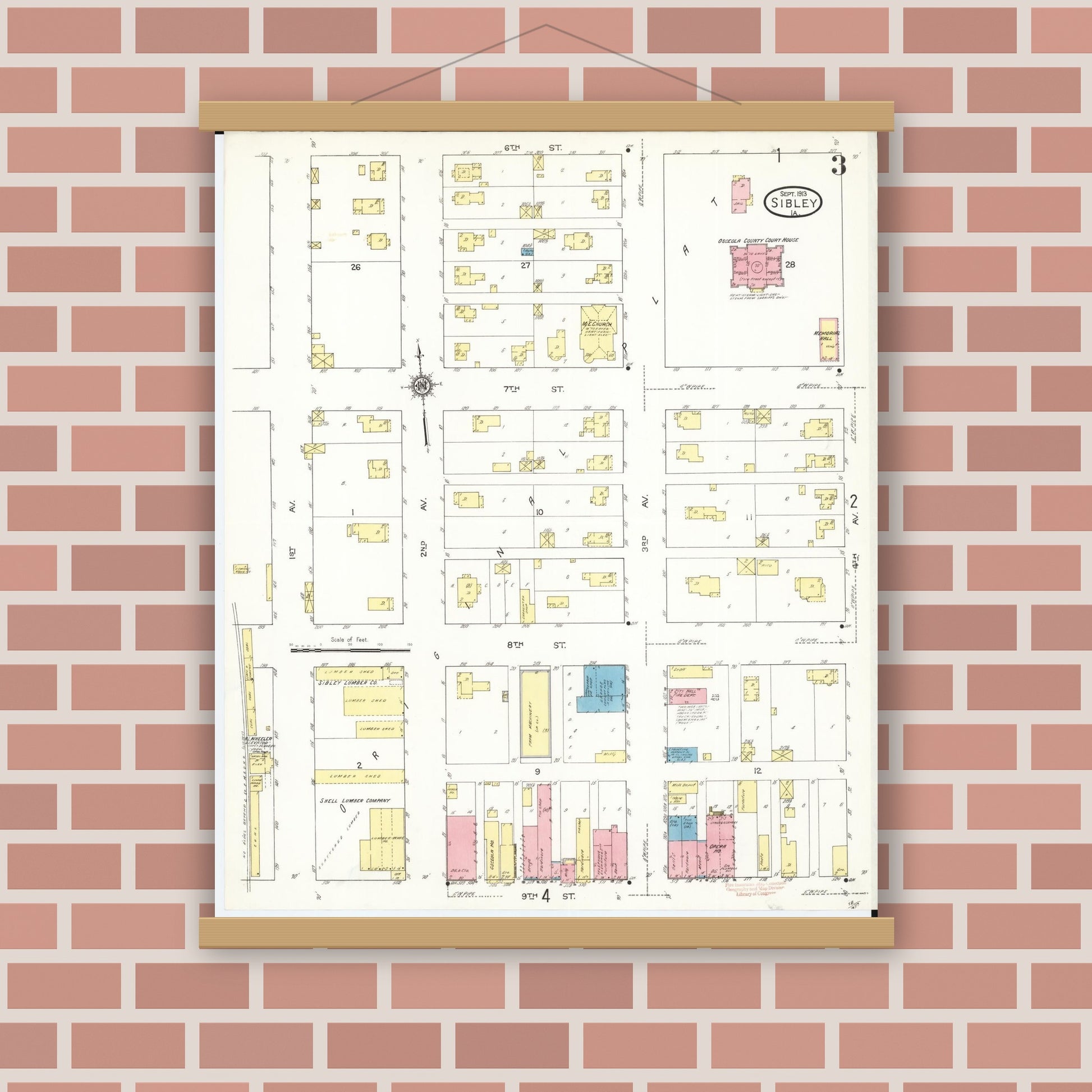 Old map wall art mockup — magnetic wood frame on brick wall — Sanborn Fire Insurance Map from Sibley, Osceola County, Iowa (1913), Sheet #0003