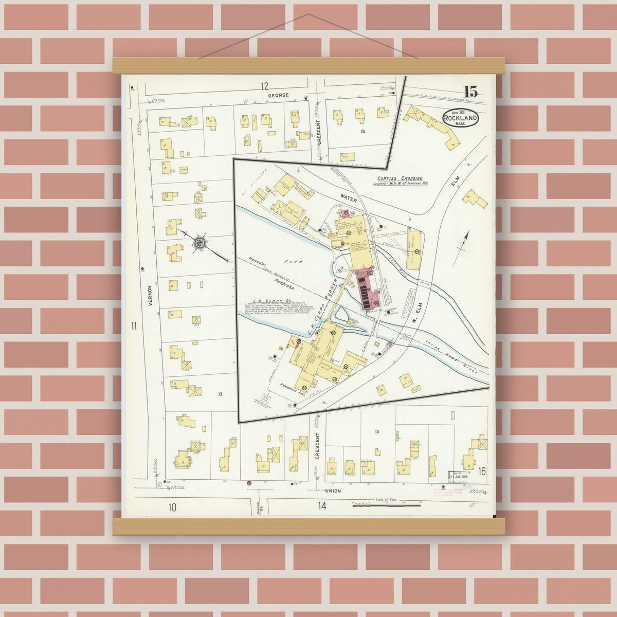Old map wall art mockup — magnetic wood frame on brick wall — Sanborn Fire Insurance Map from Rockland, Plymouth County, Massachusetts (1912), Sheet #0015