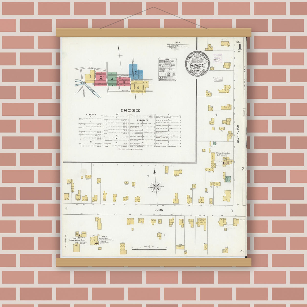 Old map wall art mockup — magnetic wood frame on brick wall — Sanborn Fire Insurance Map from Dundee, Yates County, New York (1904) - Complete Map Set