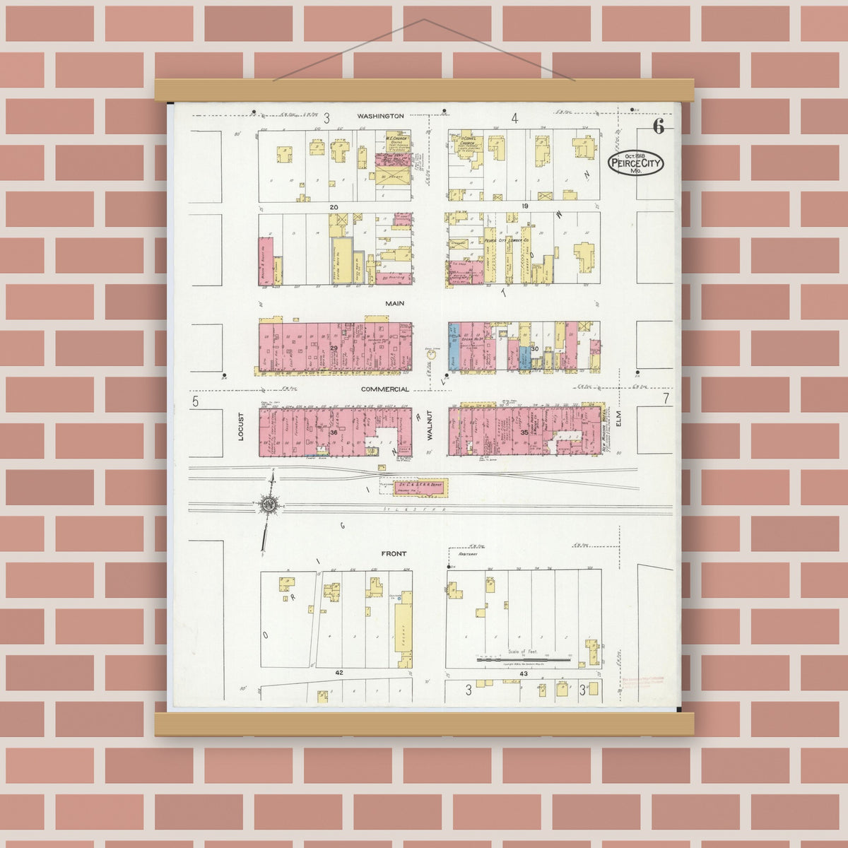 Old map wall art mockup — magnetic wood frame on brick wall — Sanborn Fire Insurance Map from Pierce City, Lawrence County, Missouri (1918), Sheet #0006