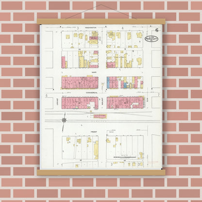 Old map wall art mockup — magnetic wood frame on brick wall — Sanborn Fire Insurance Map from Pierce City, Lawrence County, Missouri (1918), Sheet #0006