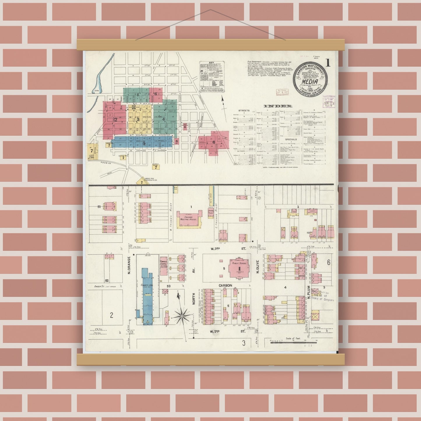 Old map wall art mockup — magnetic wood frame on brick wall — Sanborn Fire Insurance Map from Media, Delaware County, Pennsylvania (1907), Sheet #0001