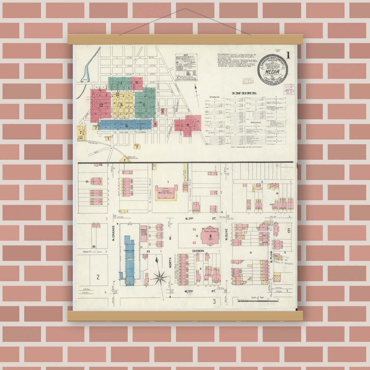 Old map wall art mockup — magnetic wood frame on brick wall — Sanborn Fire Insurance Map from Media, Delaware County, Pennsylvania (1907), Sheet #0001
