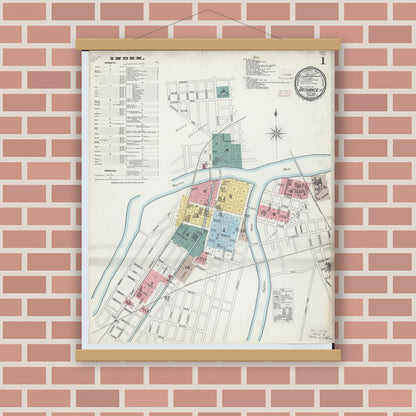 Old map wall art mockup — magnetic wood frame on brick wall — Sanborn Fire Insurance Map from Defiance, Defiance County, Ohio (1893), Sheet #0001