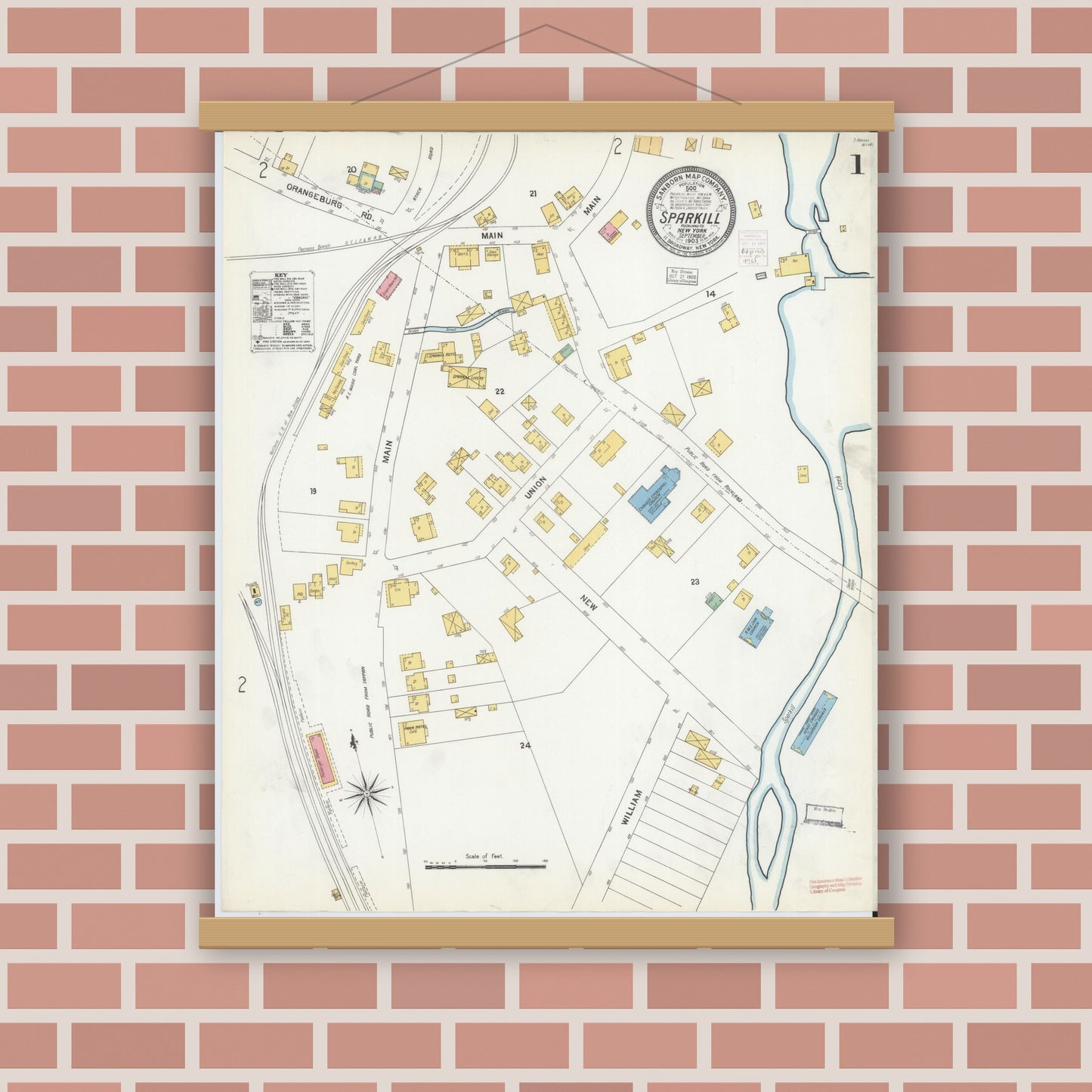 Old map wall art mockup — magnetic wood frame on brick wall — Sanborn Fire Insurance Map from Sparkill, Rockland County, New York (1903) - Complete Map Set