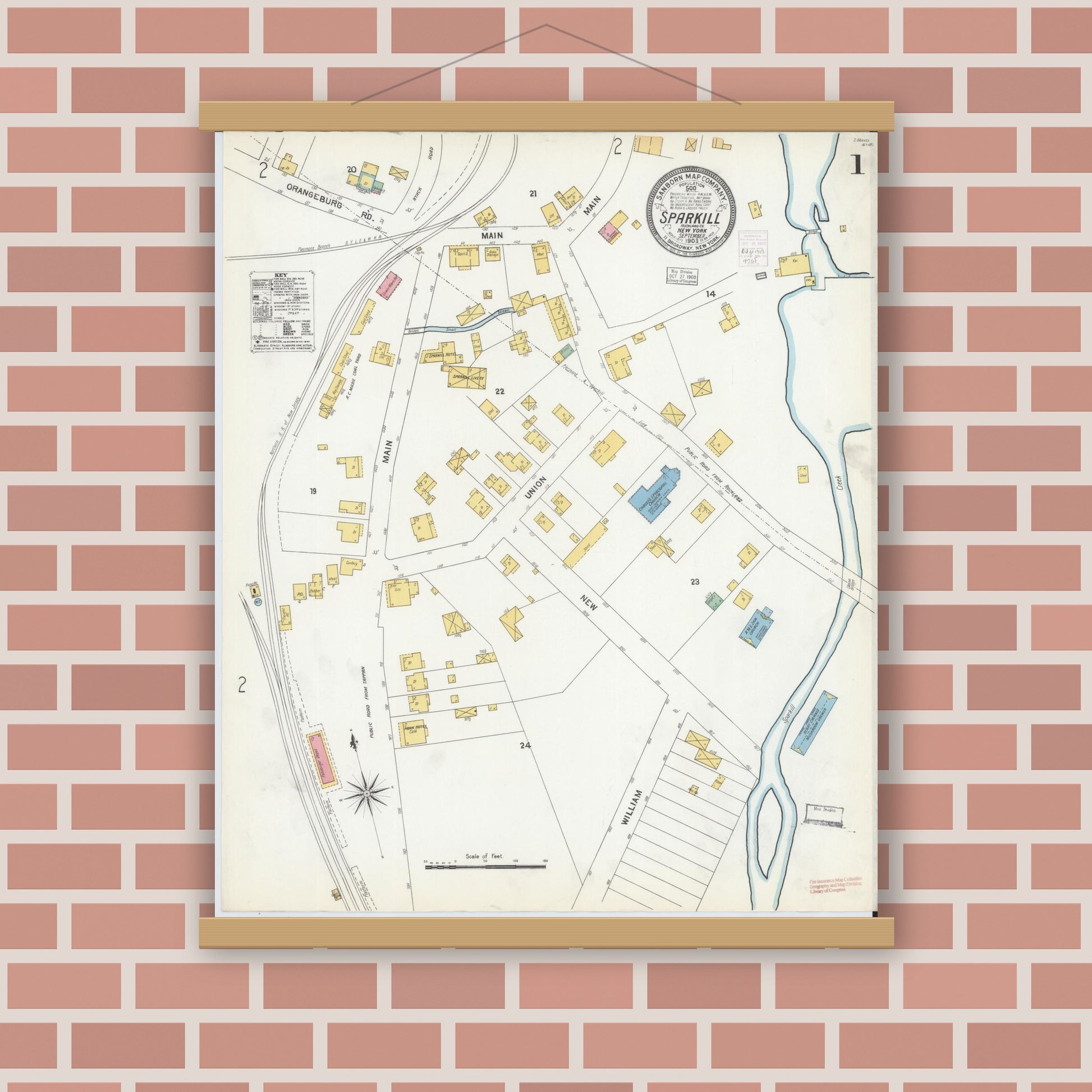 Old map wall art mockup — magnetic wood frame on brick wall — Sanborn Fire Insurance Map from Sparkill, Rockland County, New York (1903) - Complete Map Set