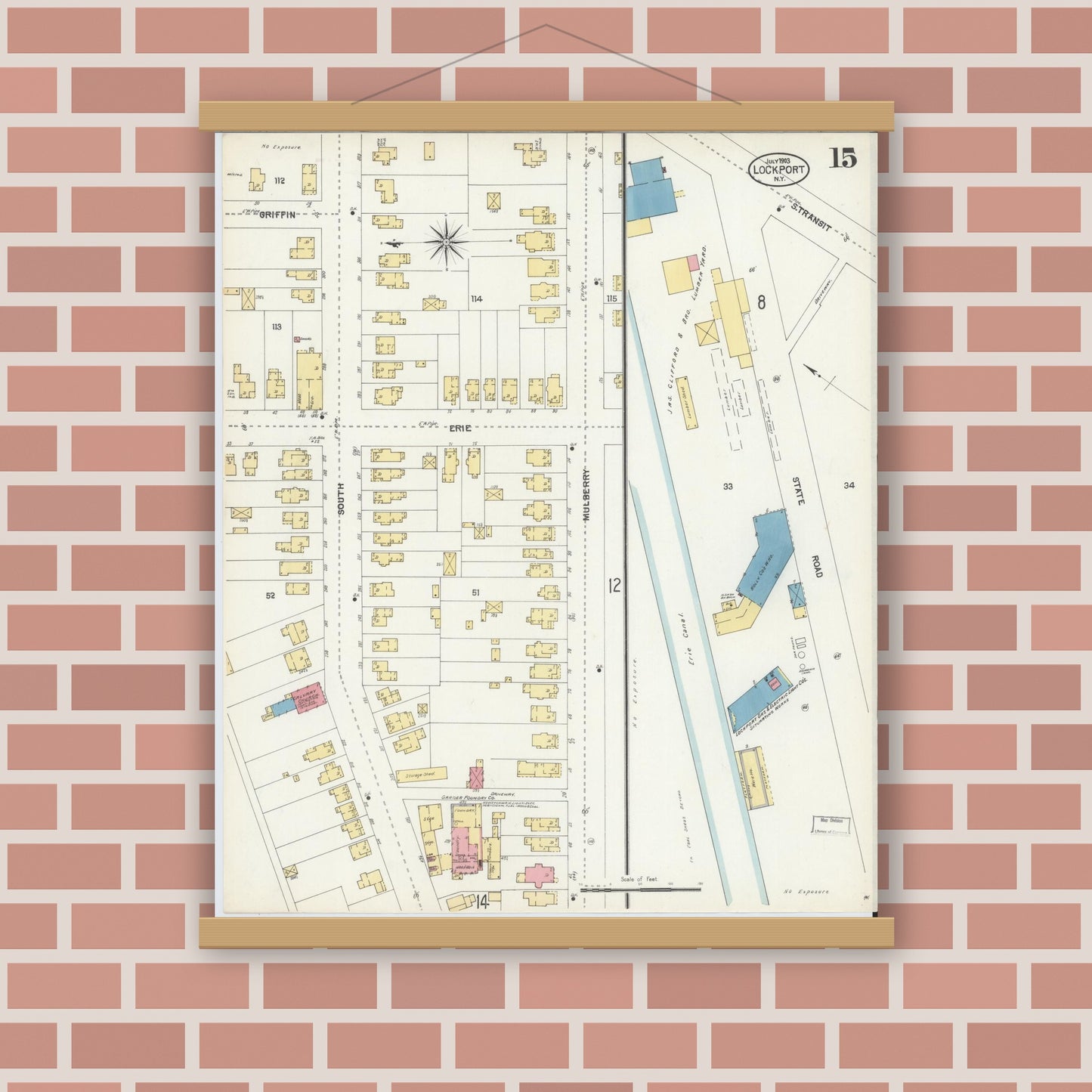 Old map wall art mockup — magnetic wood frame on brick wall — Sanborn Fire Insurance Map from Lockport, Niagara County, New York (1903), Sheet #0015