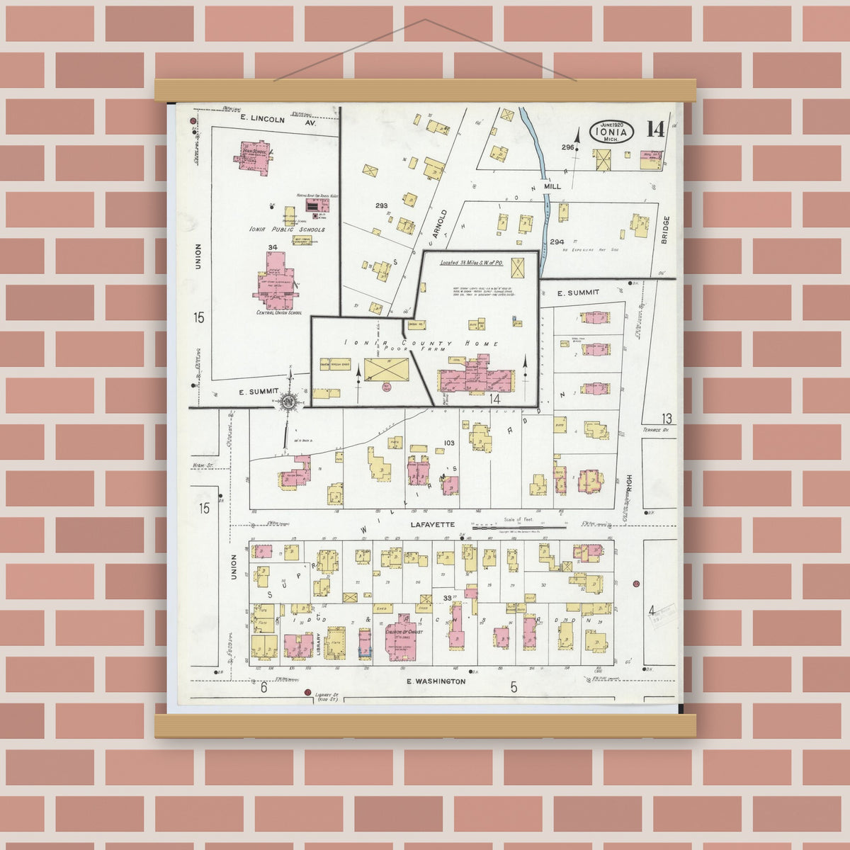 Old map wall art mockup — magnetic wood frame on brick wall — Sanborn Fire Insurance Map from Ionia, Ionia County, Michigan (1920), Sheet #0014