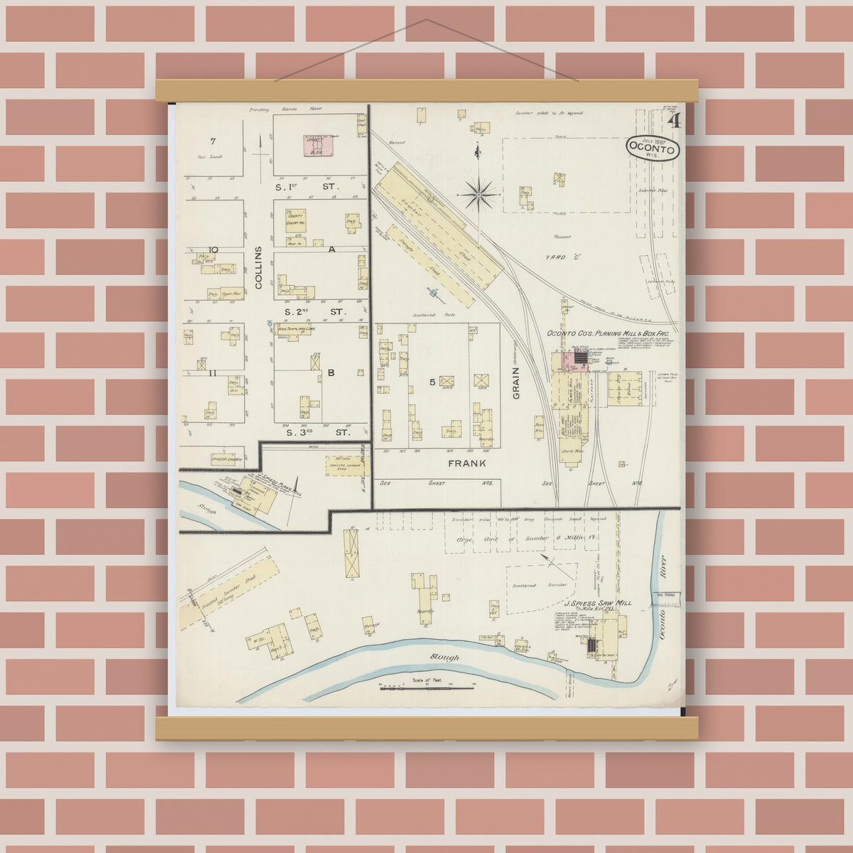 Old map wall art mockup — magnetic wood frame on brick wall — Sanborn Fire Insurance Map from Oconto, Oconto County, Wisconsin (1887), Sheet #0004