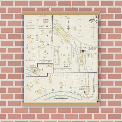 Old map wall art mockup — magnetic wood frame on brick wall — Sanborn Fire Insurance Map from Oconto, Oconto County, Wisconsin (1887), Sheet #0004