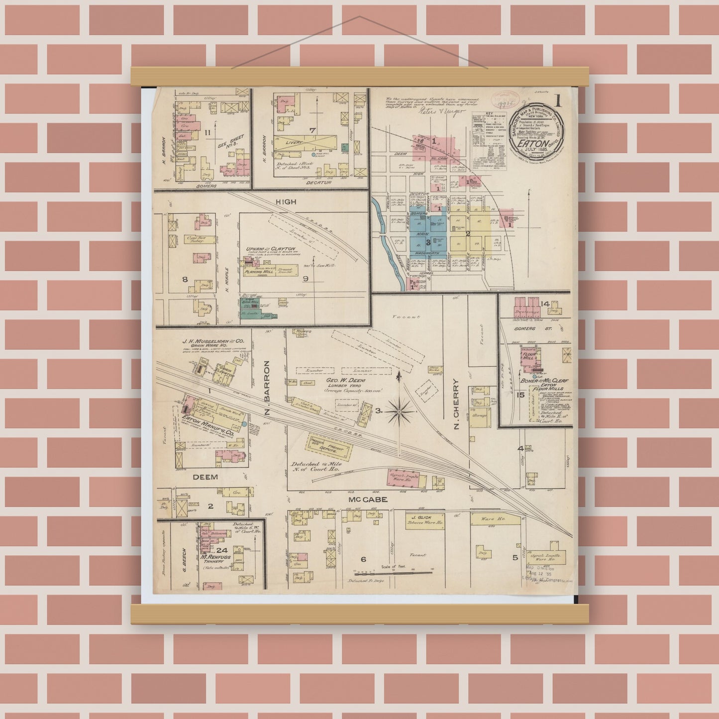 Old map wall art mockup — magnetic wood frame on brick wall — Sanborn Fire Insurance Map from Eaton, Preble County, Ohio (1885) - Complete Map Set