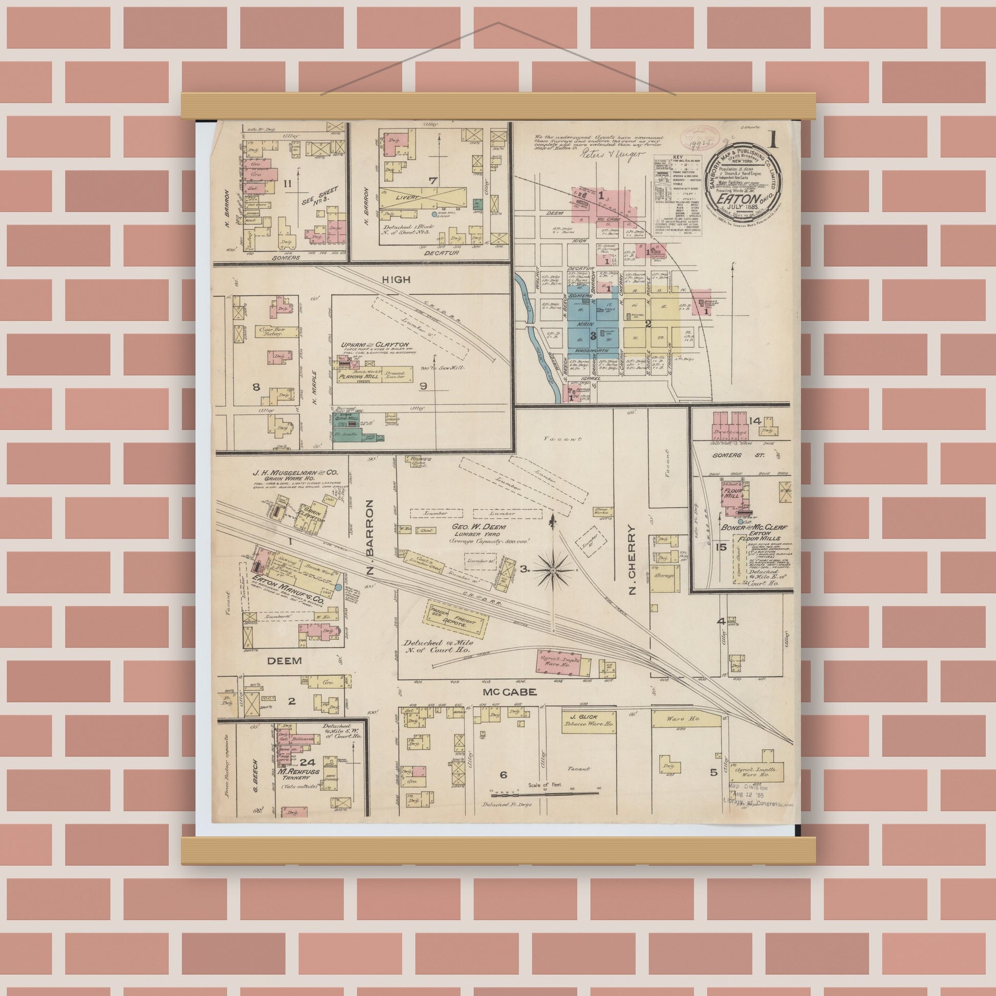 Old map wall art mockup — magnetic wood frame on brick wall — Sanborn Fire Insurance Map from Eaton, Preble County, Ohio (1885) - Complete Map Set