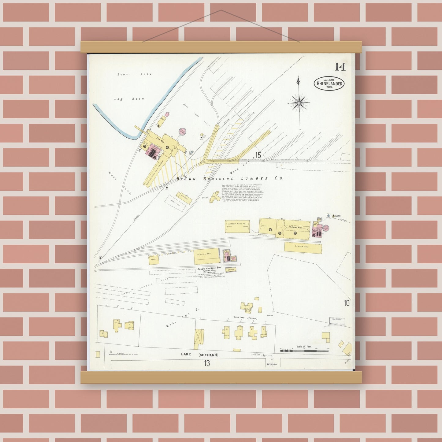 Old map wall art mockup — magnetic wood frame on brick wall — Sanborn Fire Insurance Map from Rhinelander, Oneida County, Wisconsin (1908), Sheet #0014