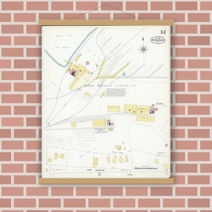 Old map wall art mockup — magnetic wood frame on brick wall — Sanborn Fire Insurance Map from Rhinelander, Oneida County, Wisconsin (1908), Sheet #0014