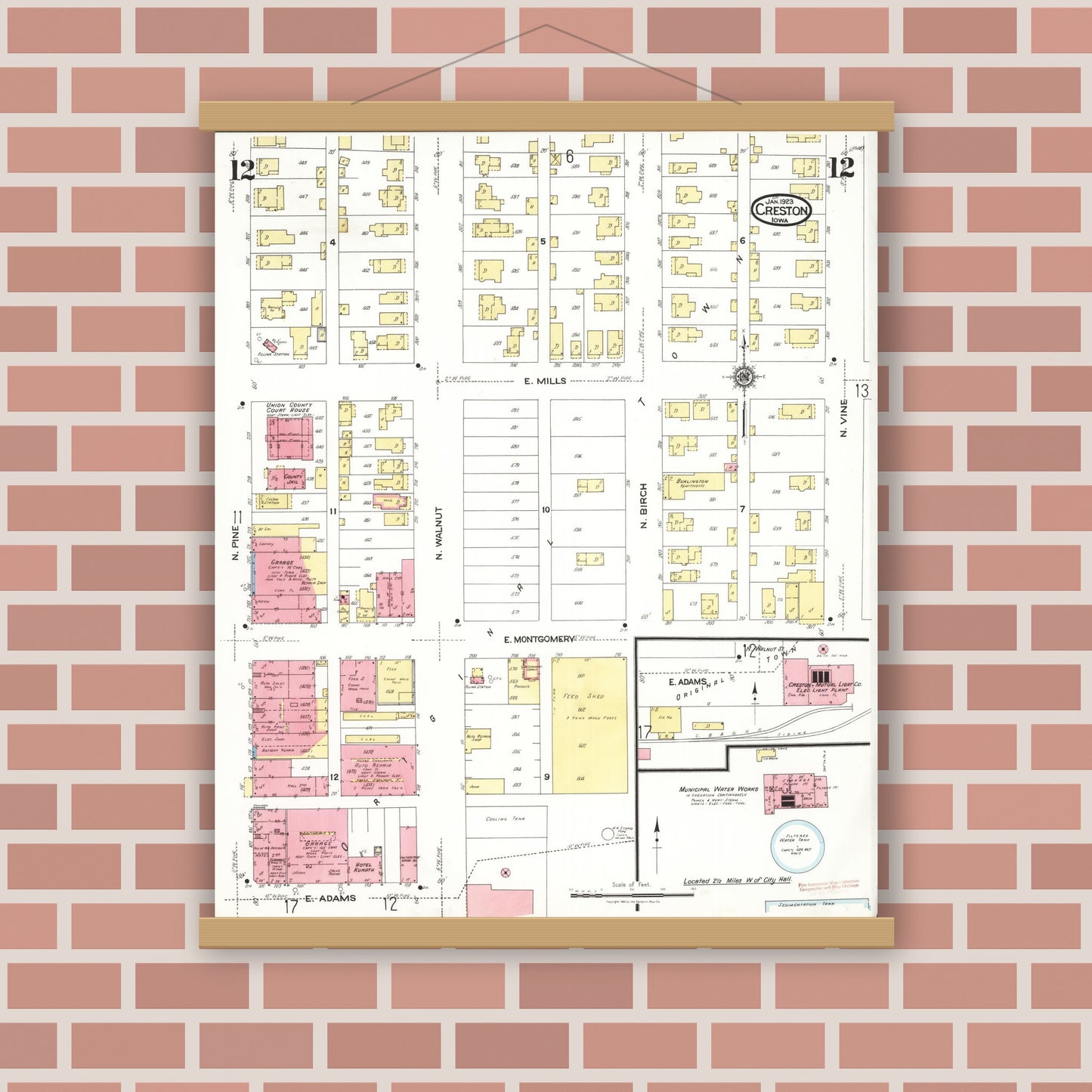 Old map wall art mockup — magnetic wood frame on brick wall — Sanborn Fire Insurance Map from Creston, Union County, Iowa (1923), Sheet #0012