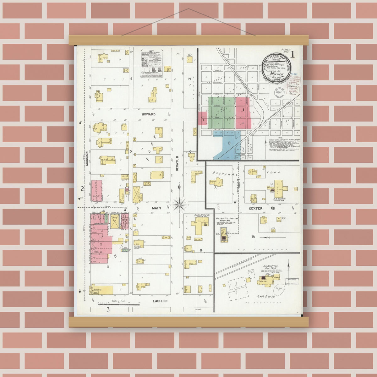 Old map wall art mockup — magnetic wood frame on brick wall — Sanborn Fire Insurance Map from Malden, Dunklin County, Missouri (1900), Sheet #0001