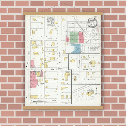 Old map wall art mockup — magnetic wood frame on brick wall — Sanborn Fire Insurance Map from Malden, Dunklin County, Missouri (1900), Sheet #0001