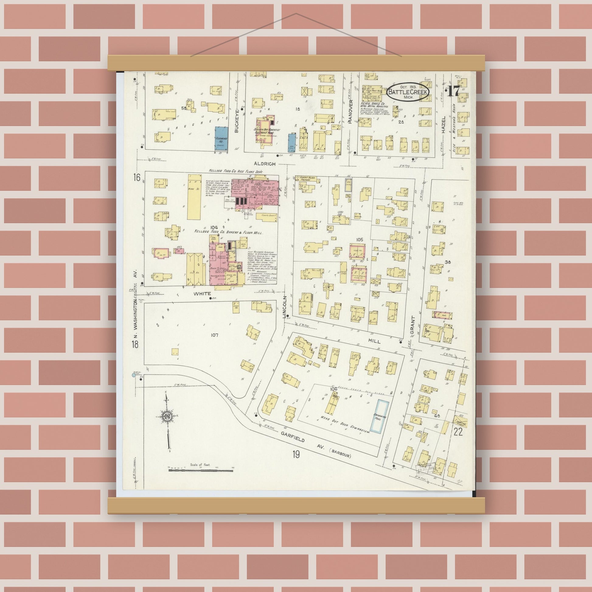 Old map wall art mockup — magnetic wood frame on brick wall — Sanborn Fire Insurance Map from Battle Creek, Calhoun County, Michigan (1913), Sheet #0017