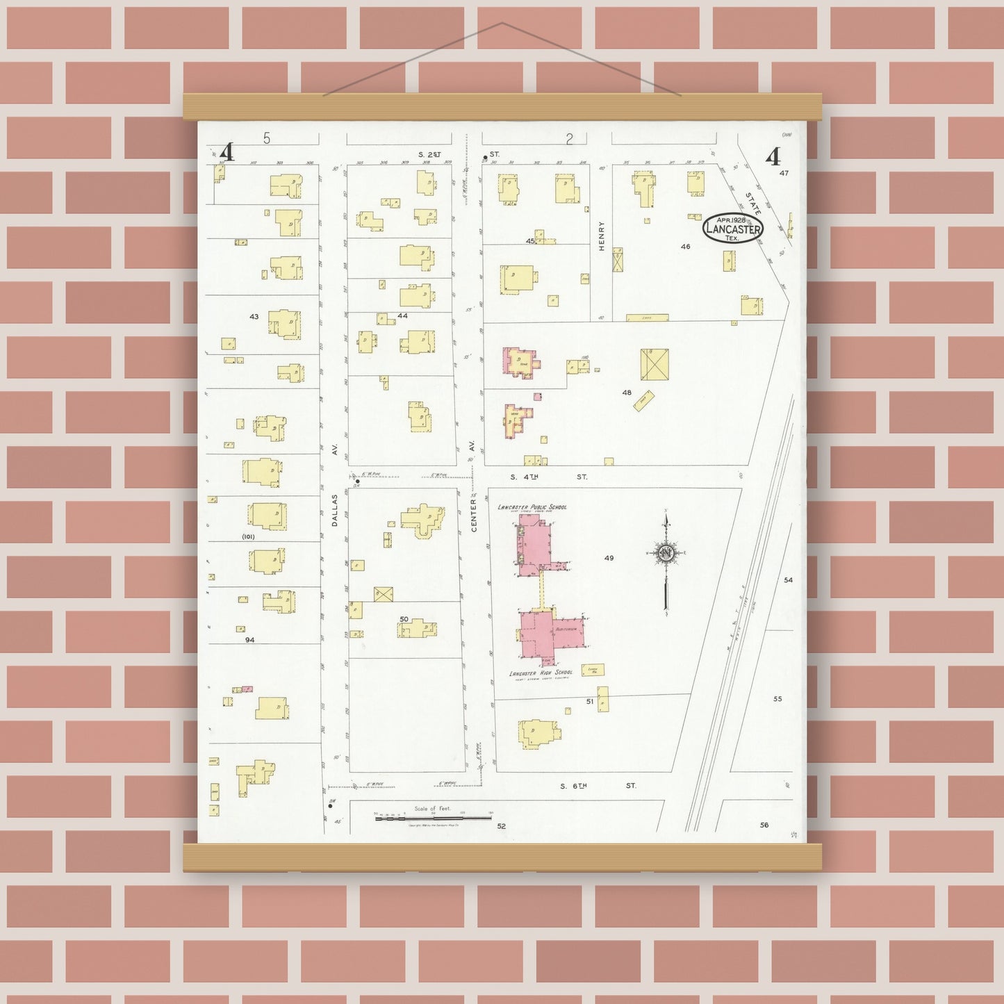 Old map wall art mockup — magnetic wood frame on brick wall — Sanborn Fire Insurance Map from Lancaster, Dallas County, Texas (1928), Sheet #0004