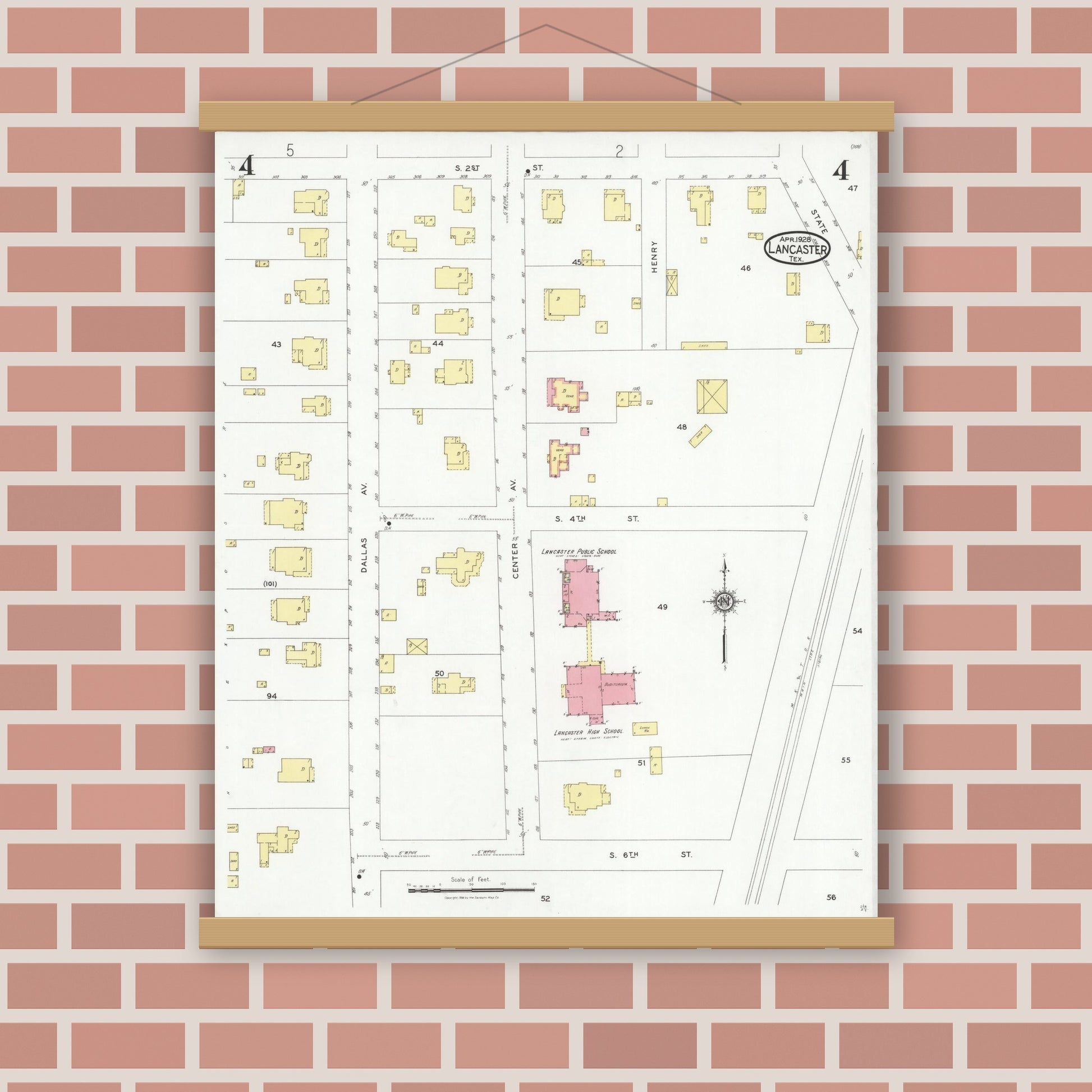 Old map wall art mockup — magnetic wood frame on brick wall — Sanborn Fire Insurance Map from Lancaster, Dallas County, Texas (1928), Sheet #0004