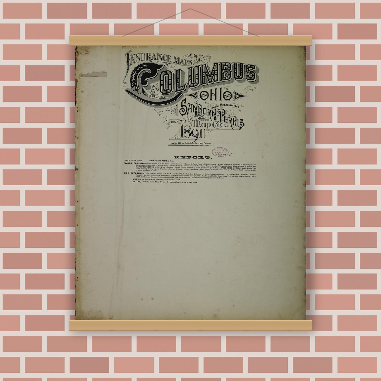 Old map wall art mockup — magnetic wood frame on brick wall — Sanborn Fire Insurance Map from Columbus, Franklin County, Ohio (1891), Sheet #0001