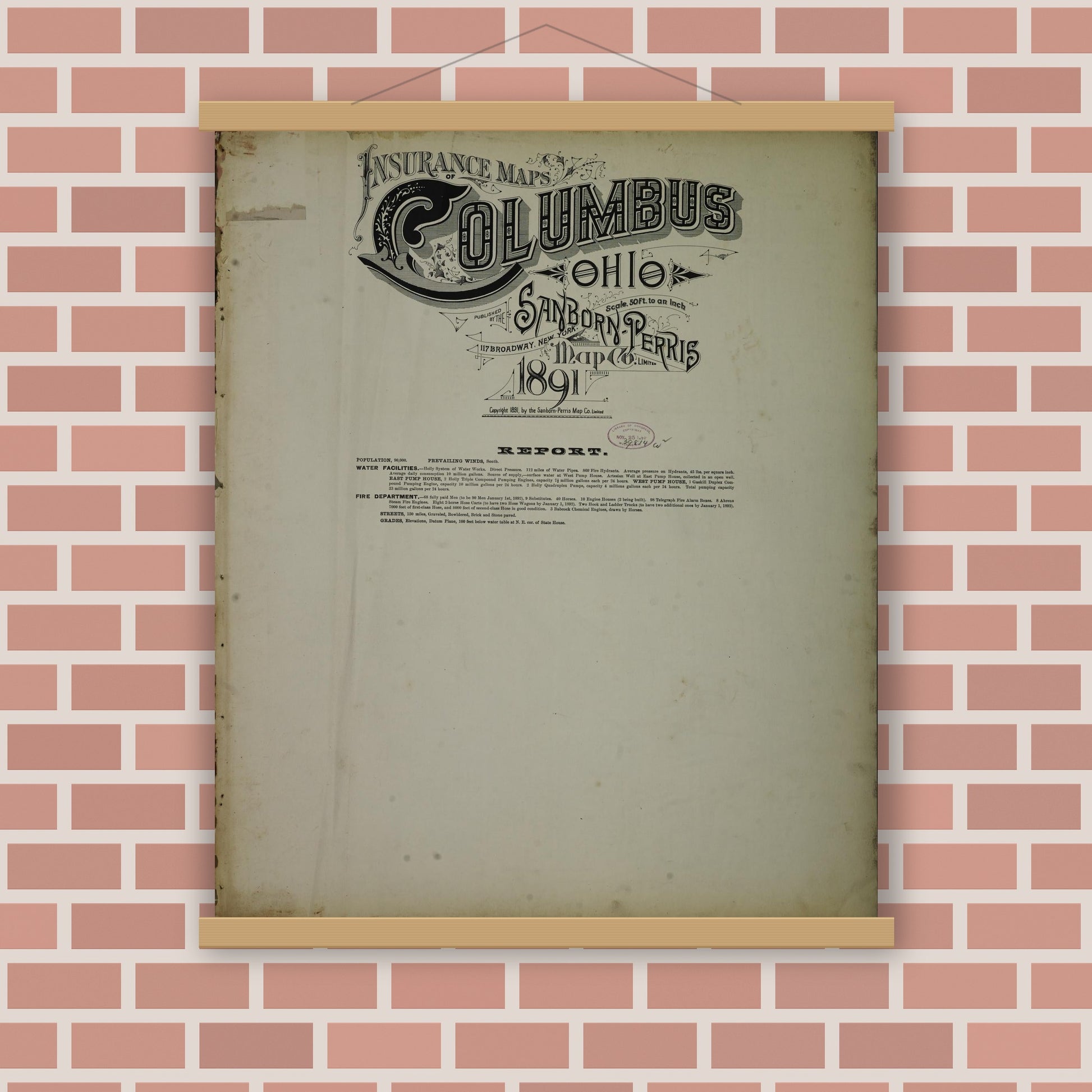 Old map wall art mockup — magnetic wood frame on brick wall — Sanborn Fire Insurance Map from Columbus, Franklin County, Ohio (1891), Sheet #0001